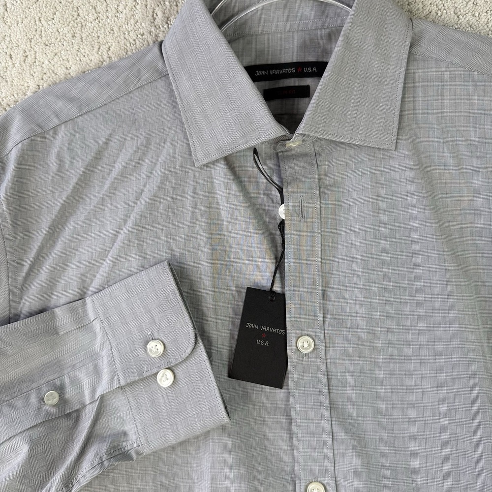 John Varvatos USA Mens 15.5 32/33 Slim Fit LS Check Dress‎ Shirt Gray $90